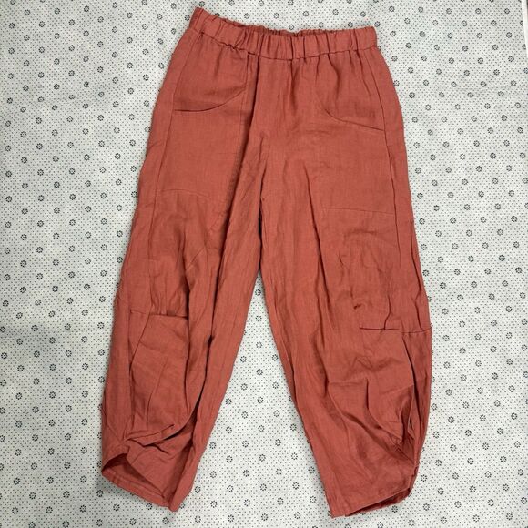 Lisa Bayne Linen Lantern Barrel Pants Rust Womens XS Petite Lagenlook Artsy Boho - Picture 1 of 11